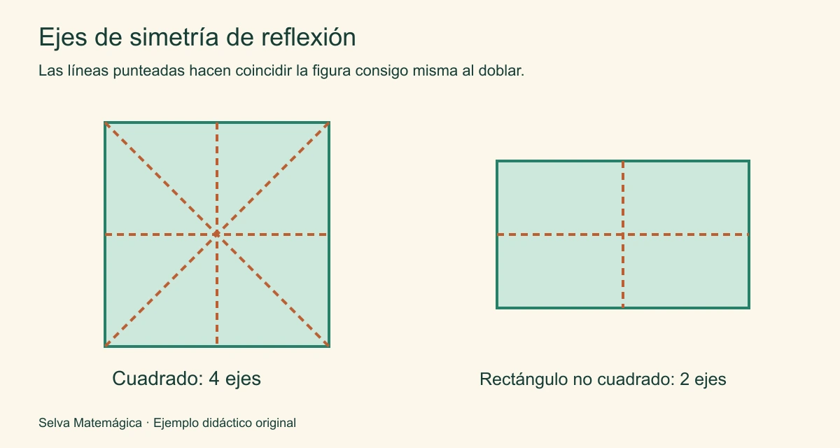 Cuadrado con cuatro ejes punteados de reflexión y rectángulo no cuadrado con dos ejes centrales.