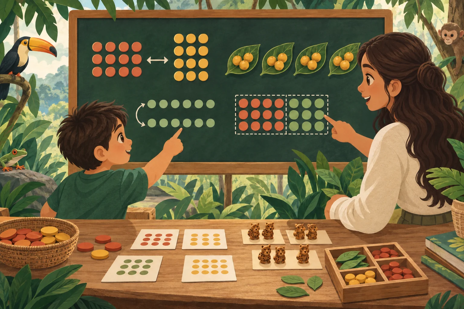 Docente y niño observan arreglos de puntos, grupos iguales y descomposiciones visuales para comprender la multiplicación