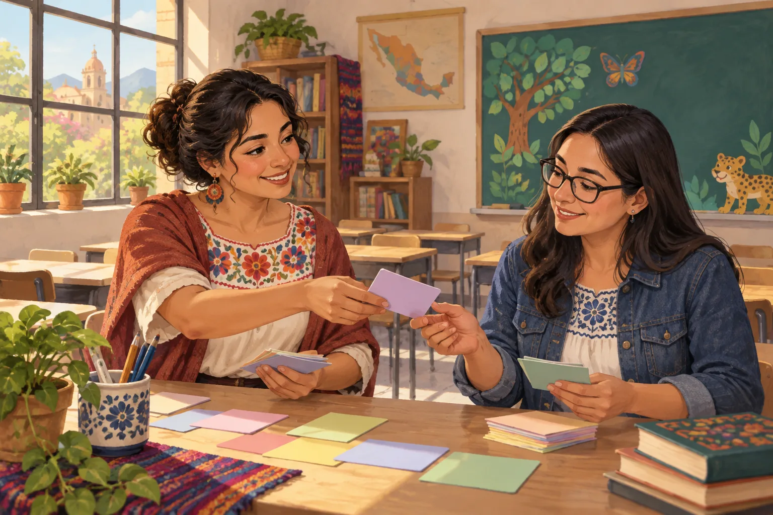 Dos docentes revisan tarjetas de papel al cierre de una clase; ilustración sin datos de estudiantes.