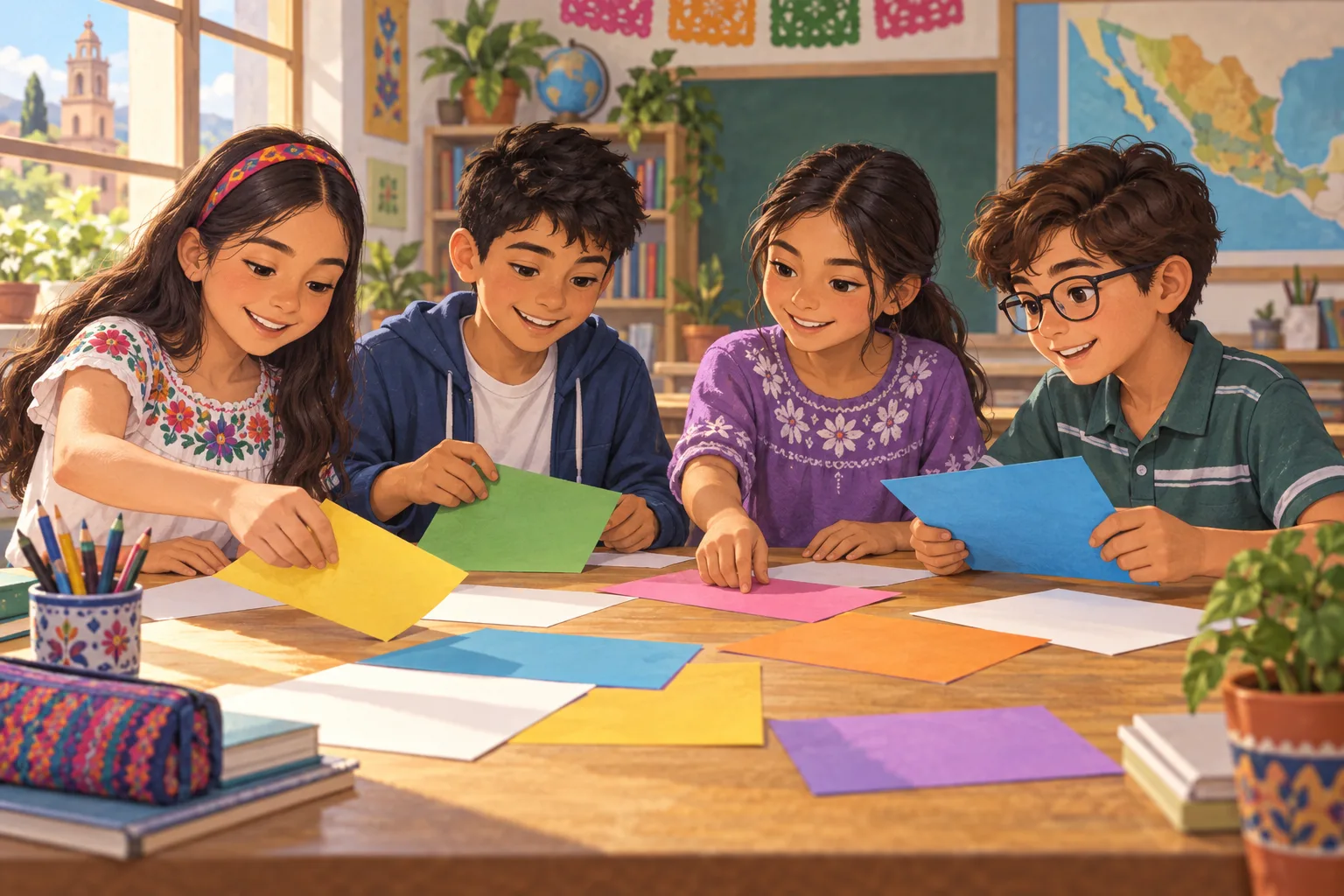 Cuatro estudiantes colaboran con rectángulos de cartulina alrededor de una mesa; ilustración educativa.