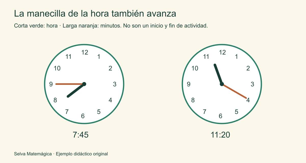 Relojes que marcan 7:45 y 11:20; en ambos, la manecilla corta avanzó dentro del intervalo de la hora.