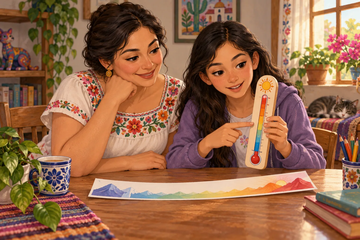Madre y adolescente exploran un termómetro de juguete y una tira de papel; ilustración educativa.
