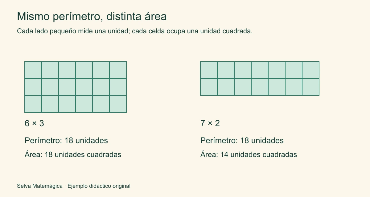 Rectángulos de seis por tres y siete por dos: ambos tienen perímetro 18, pero sus áreas son 18 y 14 unidades cuadradas.