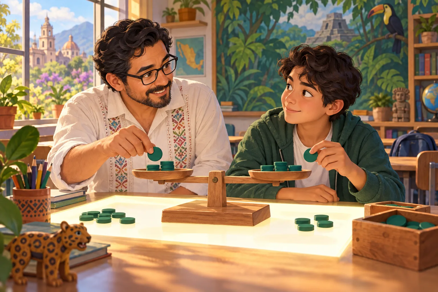 Docente y adolescente exploran una balanza de madera con fichas; ilustración del equilibrio.
