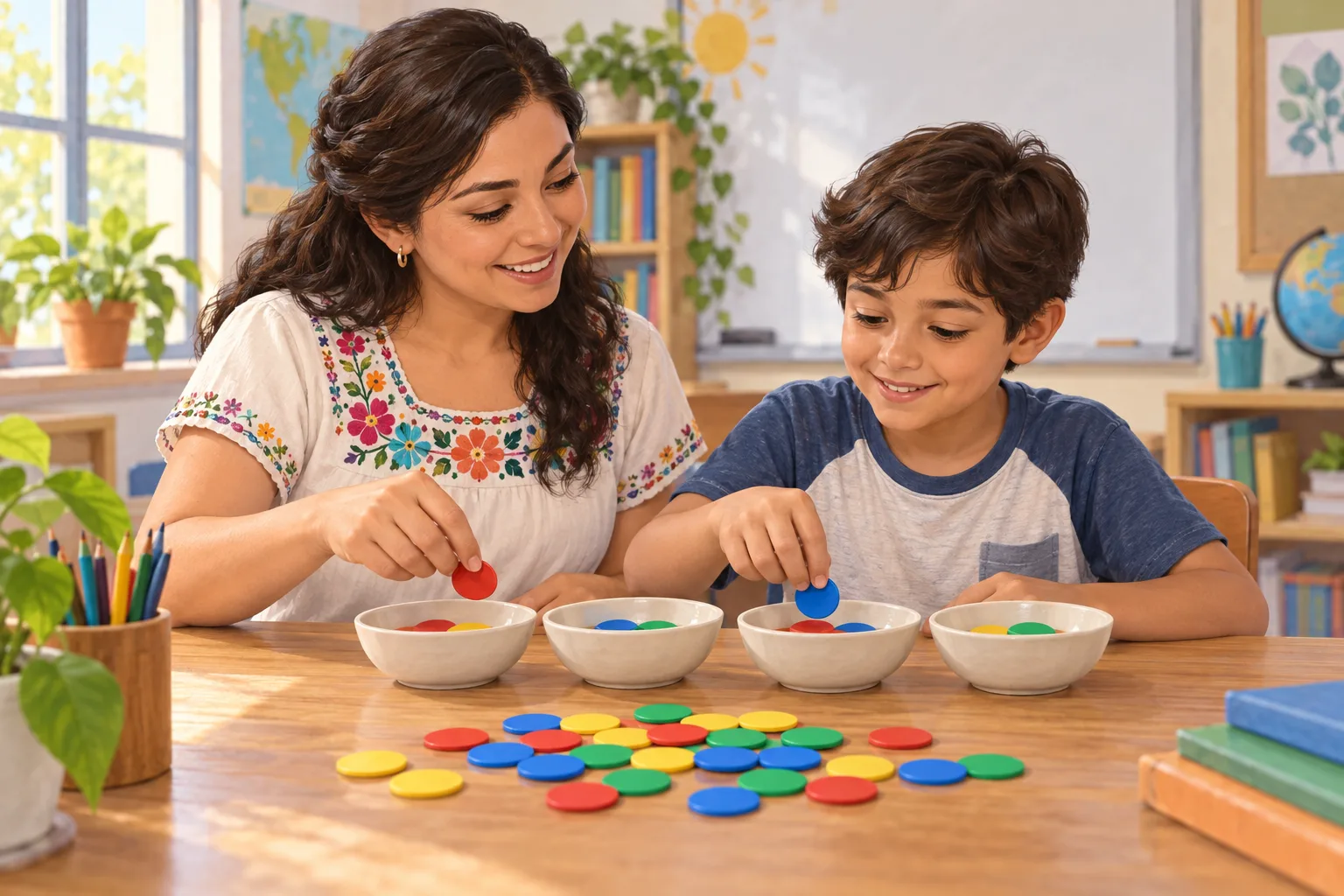 Docente y niño distribuyen fichas grandes en recipientes sobre una mesa; ilustración educativa.