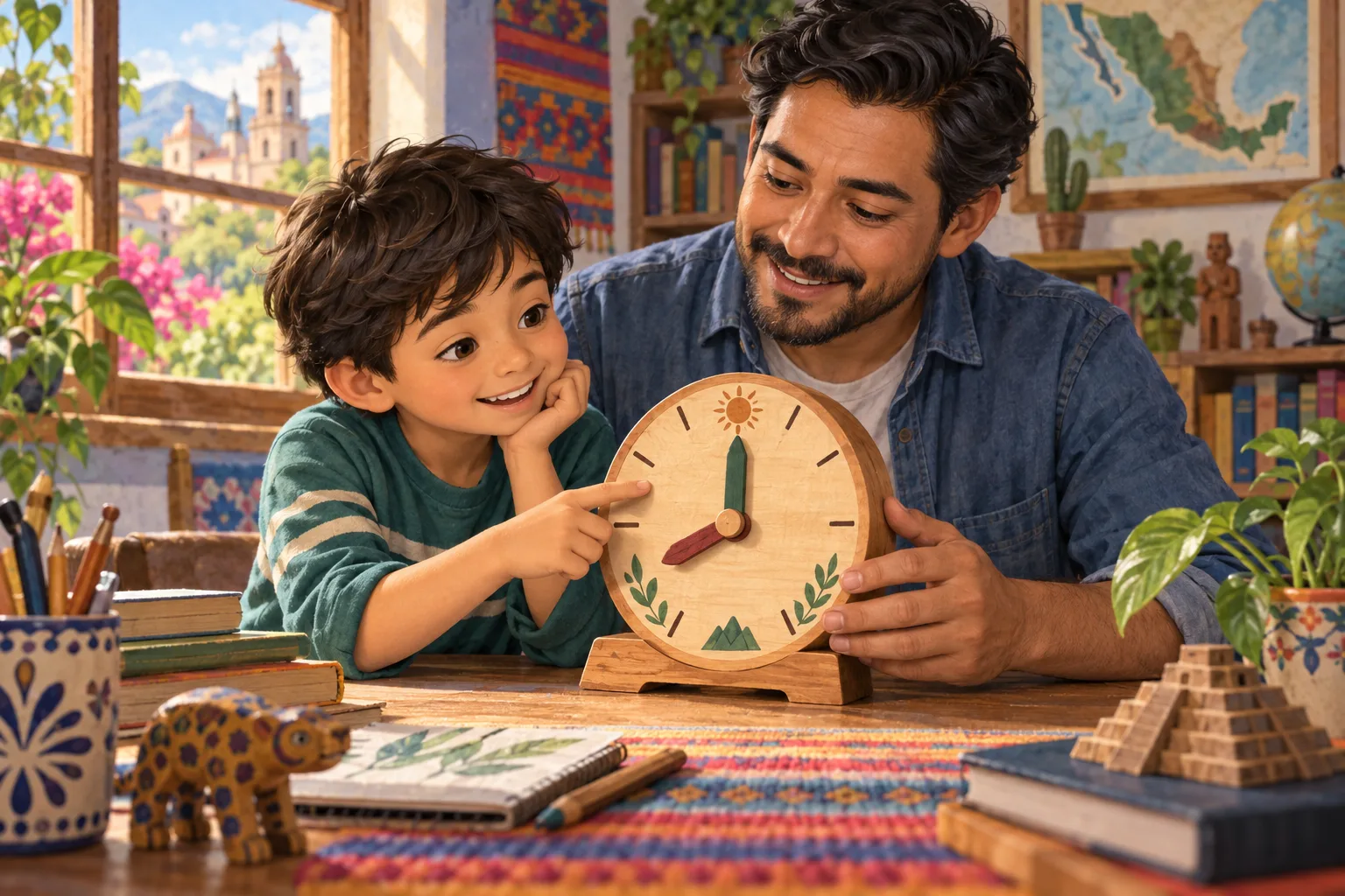 Padre y niño exploran un reloj artesanal de manecillas sobre una mesa; ilustración educativa.