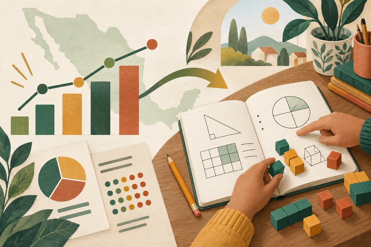 Ilustración editorial de un mapa de México, gráficas y materiales concretos de matemáticas junto a un cuaderno